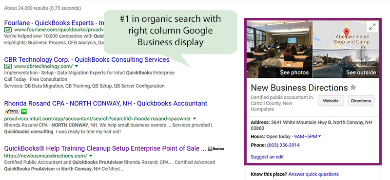 #1 Organic search with right column Google Business Display